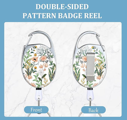 Badge Reels Retractable，Double Sided Color Print Pattern Retractable Badge Holders，with Retractable Keychain, Badge Clip and Key Ring，Durable Nylon Retractable Rope，White Flower