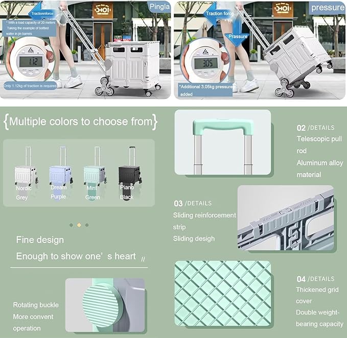 Foldable Utility Cart with Stair Climbing Wheels,Folding Portable Rolling Crate Handcart with Aluminium Alloy Telescoping Handles, Handcart for Grocery Book File Tool Art Supplies