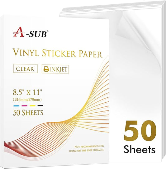 A-SUB Clear Sticker Paper for Inkjet Printers, Waterproof Transparent Printable Vinyl Sticker Paper, 50 Sheets 8.5x11 Inch Glossy Clear Label Paper for Custom Stickers, Decals