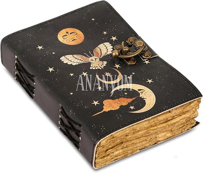 Handmade Leather Journal, Black, Sun & Moon Design, 8 x 6 Inch, 200 Unruled Pages, Hand Embossed, Deckle Edge Paper, Brass Clasp Lock, Vintage Notebook Diary, Sketchbook for Artists & Writers