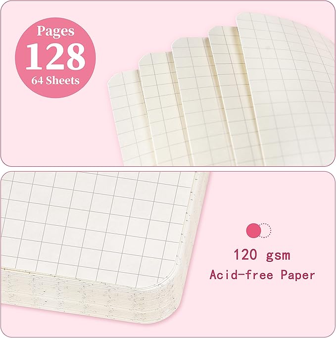 Graph Grid Paper Notebook/Journal - Classic Journal/Notebook with Ribbon Divider, Hardcover with Thick Paper, 5.3" x 8.26", Banded + Pen Holder +Inner Pocket - Pink
