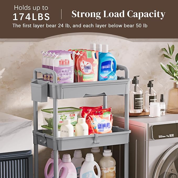 4 Tier Rolling Utility Cart with Drawer, Utility Storage Organizer with Plastic Shelf & Lockable Wheels Multifunctional Storage Cart for Kitchen, Bathroom, Office, Living Room, Gray