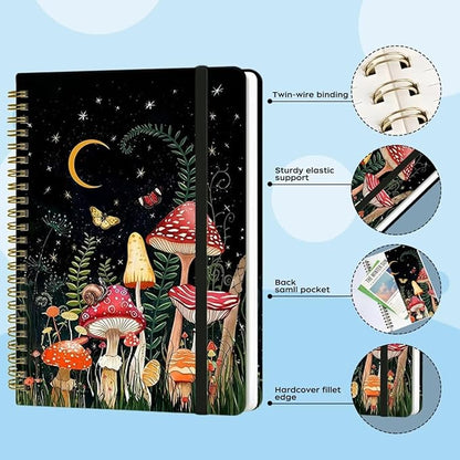 Spiral Notebook - A5 Spiral Notebooks, 8.3'' × 5.8'', 160 Pages, Aesthetic Journaling Notebooks for Women, College Lined Notebook with Elastic Closure, Back Pocket, for School Office, Mushroom House