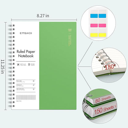 EMSHOI A4 Spiral Notebook College Ruled Lined Journal, 11.2" x 8.27", 300 Pages, 100gsm Thick Paper, Waterproof Softcover, Twin-Wire Binding, Sticky Notes, Green