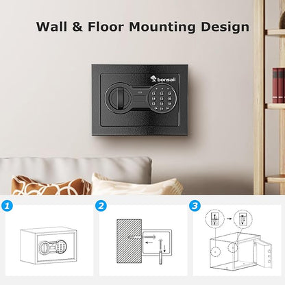 Bonsaii Safe Box with Key Lock, Steel Security Lock Box, 0.23 Cubic Feet, 9.06" W x 6.69" D x 6.69" H, Small Hidden Safe for Cash Jewelry