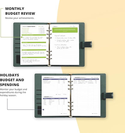 Budget Planner 12 Months Undated A5 Binder Pu Leather Hard Cover, Erasable Pen, Bill Organizer, Money Envelopes for Cash 12pcs Transparent Bags, Budget Binder with Silver Rings, Ideal Book Organizer