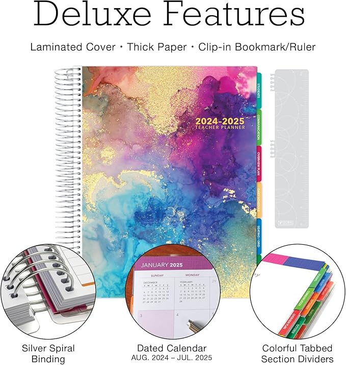 Aug 2024-Jul 2025 Deluxe Teacher Planner Notebook 8.5x11 Daily Weekly Monthly Organizers with 7 Periods, Pocket Folder, Dated Calendar, Page Tabs, Bookmark and Planning Stickers (Rainbow Gold Marble)