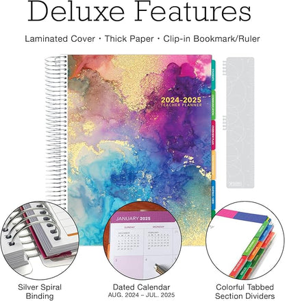 Aug 2024-Jul 2025 Deluxe Teacher Planner Notebook 8.5x11 Daily Weekly Monthly Organizers with 7 Periods, Pocket Folder, Dated Calendar, Page Tabs, Bookmark and Planning Stickers (Rainbow Gold Marble)