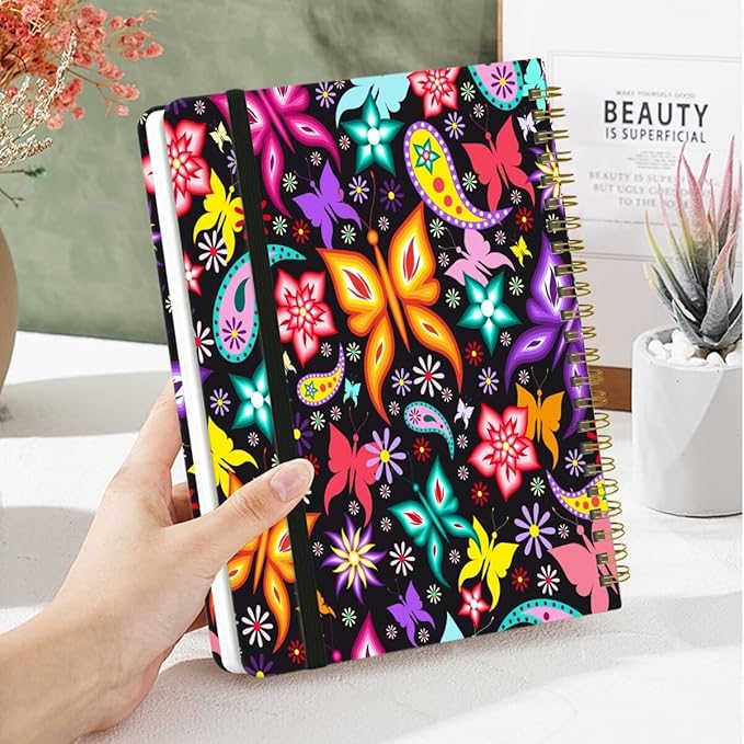 Spiral Notebook - A5 Spiral Notebooks, 8.3'' × 5.8'', 160 Pages, Aesthetic Journaling Notebooks for Women, College Lined Notebook with Elastic Closure, Back Pocket, for School Office, Butterfly