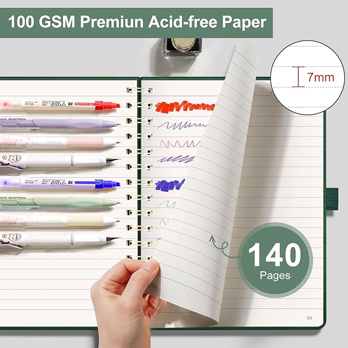 EMSHOI A5 Spiral Notebook Lined Journal for Women Men - Thick 100GSM 140 Numbered Pages College Ruled, PU Leather Hardcover Notebook for Work School Journaling Writing Gift, 6"x8" (DarkGreen)