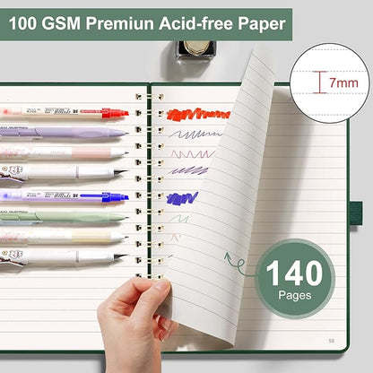 EMSHOI A5 Spiral Notebook Lined Journal for Women Men - Thick 100GSM 140 Numbered Pages College Ruled, PU Leather Hardcover Notebook for Work School Journaling Writing Gift, 6"x8" (DarkGreen)