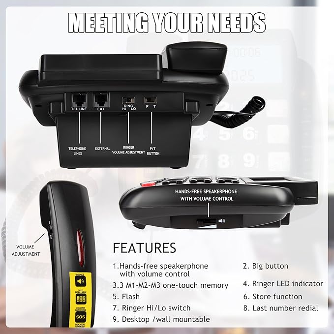 Landline Phones for Home, Big Button Phone for Seniors, House Corded Phones with Speaker and LCD Display, One Touch Speed Dialing, Volume Adjustable, Caller ID Light, Hands-Free Function
