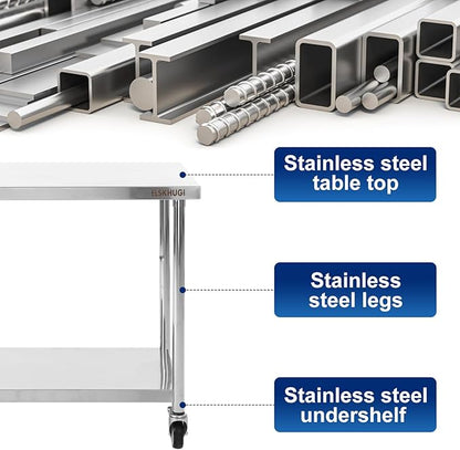 Stainless Steel Table for Prep & Work 36 x 24 Inches with Caster Wheels,Commercial Heavy Duty Metal Table with Undershelf for Home,Restaurant and Hotel Kitchen (36" x 24")