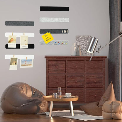 8Pcs Bulletin Board Strips, Black White Grey Felt Pin Board Bar Strips with 50 Pushpins, Self-Adhesive Felt Cork Board Strips for Wall to Display Your Notes, Photos, Schedules, Announcements