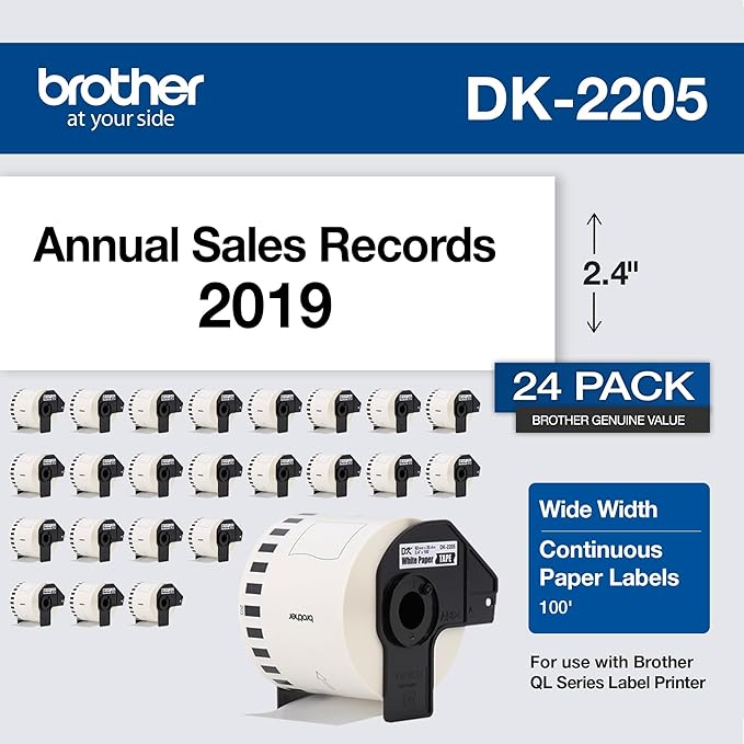 Brother Genuine, DK-220524PK Continuous Paper Label Roll, Cut-to-Length Label, 2.4” x 100 Feet, (24) Rolls Per Box, White (DK220524PK)