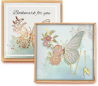 Metal Butterfly Bookmark for Women Cute Book Lovers Gift Butterfly Bookmarks Inital Book Mark Gifts for Reading Women Friend Teacher Appreciation Gifts Mom Birthday Valentines Day Christmas Gift, N