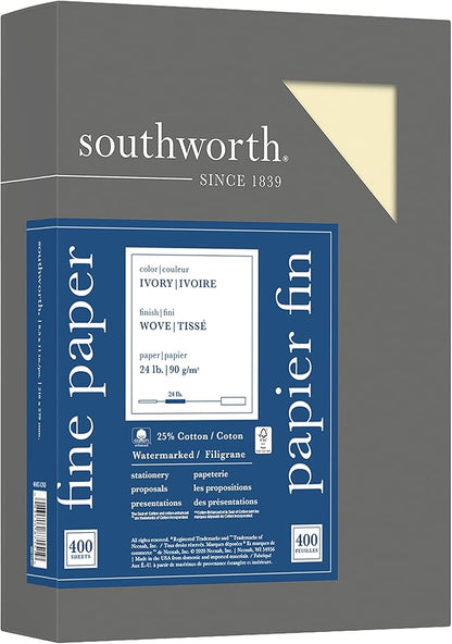 Southworth 404IC 25% Cotton Business Paper Ivory 24 lbs. Wove 8-1/2 x 11 500/Box FSC