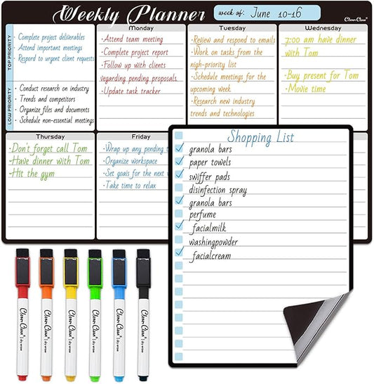 Magnetic Dry Erase Weekly Calendar - 8.5"x13" Weekly Calendar for Fridge - 6.5"x8.5" List Board and 6 Extra Fine Point Markers Included - Shipped Flat