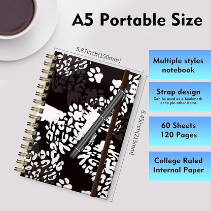 Spiral Journal Notebook, A5 Cute Notebooks for Women Men, College Ruled Hardcover Notebook for Work & Note Taking, 60 Pages Double-Wire Journals for Writing Black White Leopard