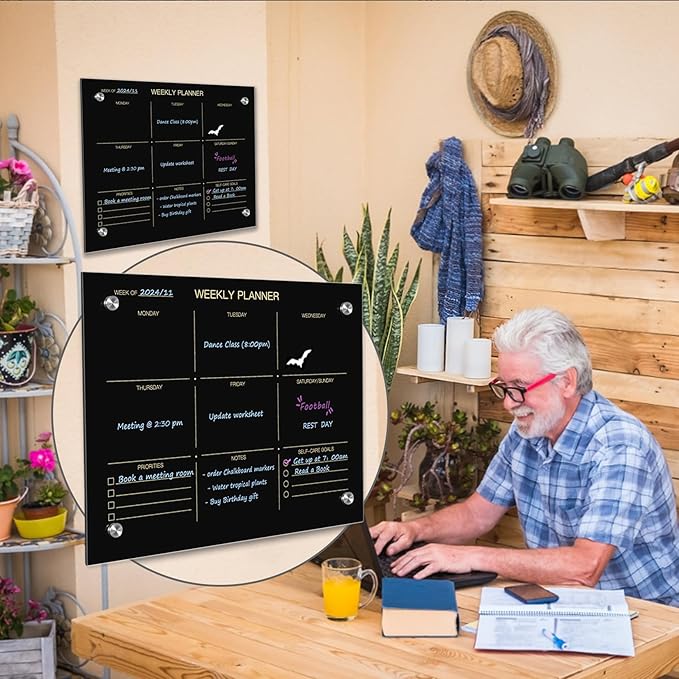 Okydoky Glass Dry Erase Whiteboard,Weekly Whiteboard,12" x 16",Frameless Glass White Board for Home,School,Office,Black Surface(Glass Weekly-BK-3040)