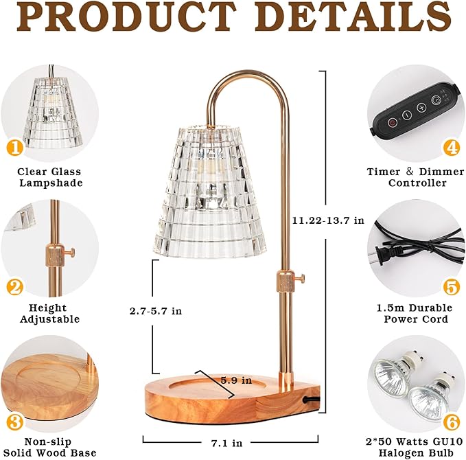 Candle Warmer Lamp with Timer, Glass Candle Lamp Warmer, Birthday Gifts for Women Mom Her, Dimmable Lamp Candle Warmer for Jar Candles, Adjustable Candle Light for Bedroom Decor, Living Room Decor
