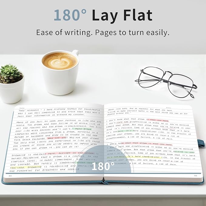 AHGXG Wide Ruled Notebook for School - Lined Journal for Women Men, 192 Numbered Pages, 100 GSM Thick Paper, A5 Hardcover Leather Notebook for Work, Writing, 5.7"×8.3" - Gray Blue