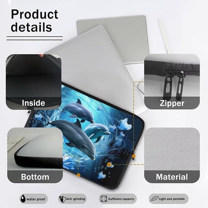 Dolphin Computer Sleeve for Women Men 13 inch Laptop Sleeve Durable Lap Top Case with Multiple Uses Tablet Bag Kawaii Animal Laptop Carrying Case Blue Flower Briefcase