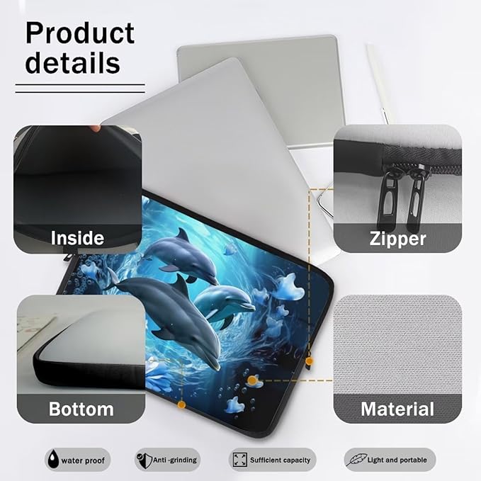 Dolphin Computer Sleeve for Women Men 17 inch Laptop Sleeve Durable Lap Top Case with Multiple Uses Tablet Bag Kawaii Animal Laptop Carrying Case Blue Flower Briefcase