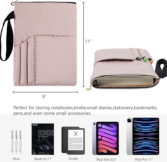 Book Sleeve with Zipper, 11"X9" Padded Book Protector, Washable Quilted Book Covers for Paperbacks, Book Pouch with Pockets for Book Lover Gifts