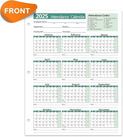 2025 Attendance Calendar (Pack of 25 Sheets) Employee Work Tracker Attendance Calendar Cards - Each sheet 8.5 X 11 100lb CardStock paper Material Make (25 sheets -Green)