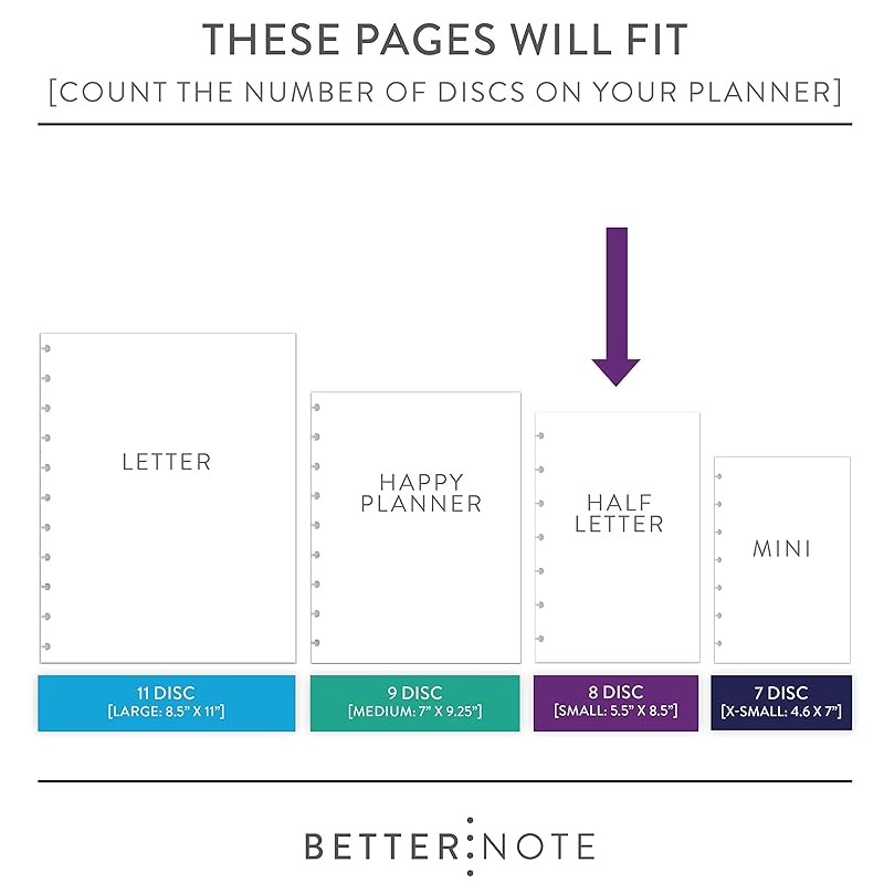 BetterNote Horizontal Undated Calendar Refill Pages for Disc Notebook, fits The Happy Planner, Discbound Levenger Circa, Staples Arc, TUL (Modern- 6 months, 8-Disc, 5.5"x8.5")