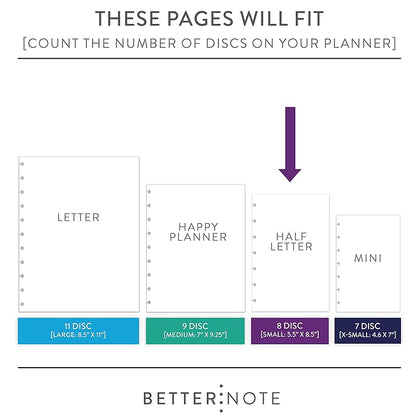 BetterNote Horizontal Undated Calendar Refill Pages for Disc Notebook, fits The Happy Planner, Discbound Levenger Circa, Staples Arc, TUL (Whimsy- 6 months, 8-Disc, 5.5"x8.5")