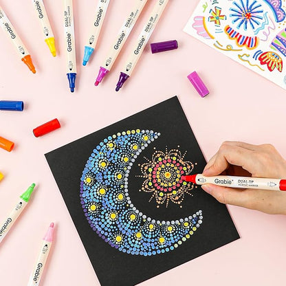 Grabie 36 Colors Dot Paint Acrylic Paint Pens, Acrylic Paint Markers Dual Tip (Fine 1mm + Dot 5mm), Acrylic Markers for Fabric, Canvas, Rock, Glass, Wood, Paper, DIY, Dot Markers for Adults