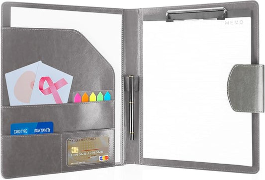 A4 Padfolio Portfolio Leather Binder,Business Interview Legal Document Organizer with Magnetic Closure Cover with Letter Sized Papers,Sticky Tabs,Pen for Legal Pad Holder Paperwork Men Women(Grey)