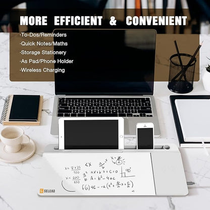 SELEAD Desktop Glass Whiteboard with Wireless Charger Station, Dry Erase Board Computer Pad Keyboard Stand with Organizer Drawer for Home, School, Office Desk Accessories, White