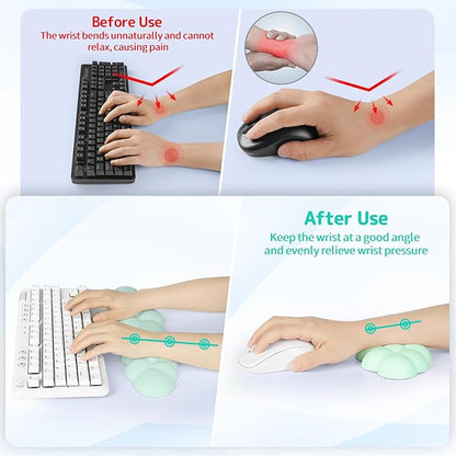 Cloud Wrist Rest Keyboard, Cloud Palm Rest Set with PU Leather Memory Foam, Cute Keyboard Rest for Wrist Support and Arm Rest, Desk Cloud Wrist Pad for PC/Gaming/Laptop/Computer-Light Green