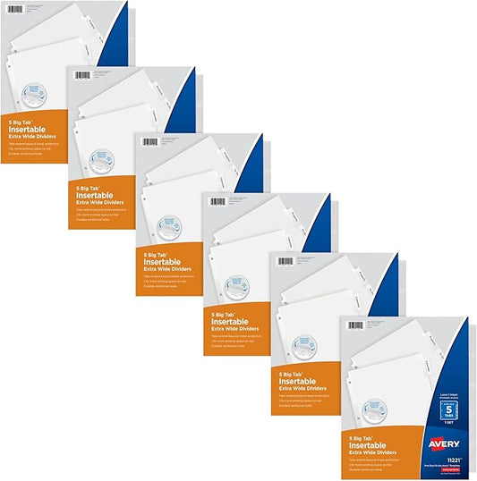 Avery Extra-Wide Big Tab Insertable Dividers for 3 Ring Binders, 5 Tab Sets, White Paper, Clear Tabs, Works with Sheet Protectors, 6 Sets (41121)