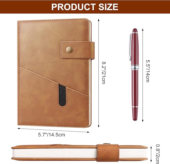 A5 Leather Journal Notebook with Pen, 200 Pages Hardcover Journal with Pocket, 100gsm Thick Lined Paper Daily Diary for Men and Women, Great Gift for Business School Travel Personal - Brown