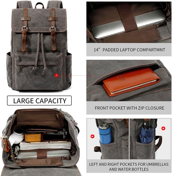 HuaChen Vintage Canvas Backpack, Mens Travel Leather Rucksack for Laptop Hiking Bag (M83_Grey)