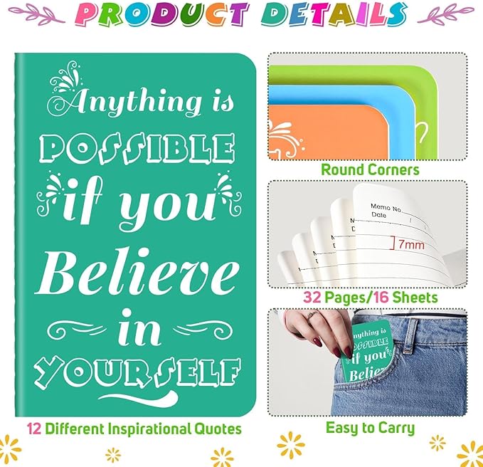 12 Pcs Mini Inspirational Notebooks Bulk with 12 Pcs Colorful Pens, Small Pocket Journal Notepads Set, Motivational Bulk Gifts for Women Men Teacher Student Kids, Fun School Office Supplies,3.5"x5.5"