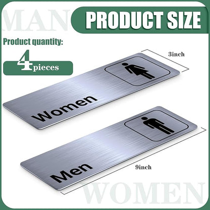 Brushed Aluminum Restroom Signs, Men and Women Modern Restroom Sign, 9 x 3 Inch Bathroom Door Signage Decor for Offices Business Restaurants (4 Pcs)