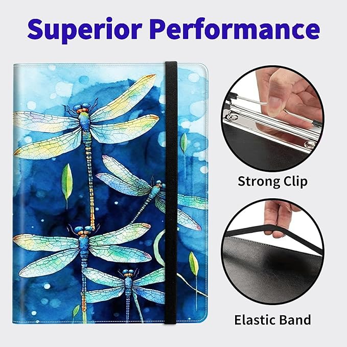 Dragonfly Padfolio Folder with Clipboard,Portfolios Organizer Clipboards with Storage Clipboard Writing Pad PU Leather Conference Document Organizer with Business Card Holder