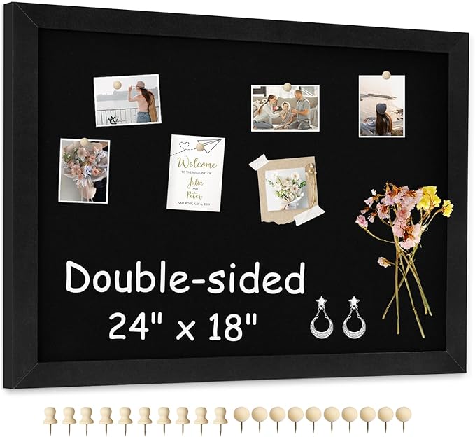 Double-Sided Black Cork Board with Linen, 24" x 18" Hanging Wood Framed Large Bulletin Board, Picture Display Vision Board Kit Corkboards for Wall Room School Office Decor, 20 Pushpins