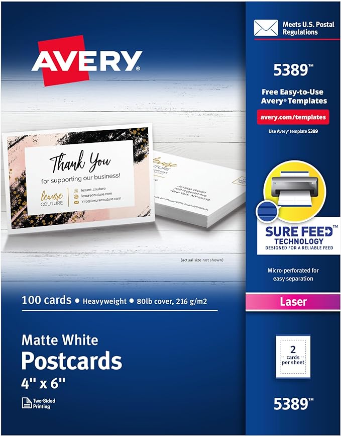Avery Printable Postcards with Sure Feed Technology, 4" x 6", White, 100 Blank Postcards for Laser Printers (5389)