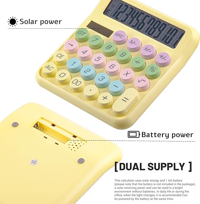 Golcellia Calculators Desktop, Yellow Mechanical Calculator, Cute Calculator 12 Digit Desk Basic Calculator Large Display, Dual Power Solar Battery, Office Home School Supplies for Adults & Students