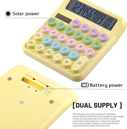 Golcellia Calculators Desktop, Yellow Mechanical Calculator, Cute Calculator 12 Digit Desk Basic Calculator Large Display, Dual Power Solar Battery, Office Home School Supplies for Adults & Students