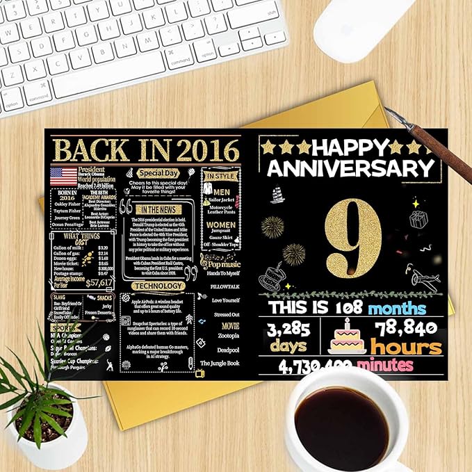 Joycard 9th Anniversary Card for Women Men, Gold Wedding Card for Wife Husband, Sweet Marriage Decorations Gifts for Couple, Perfect for Her Him on Anniversary Day, Back in 2016