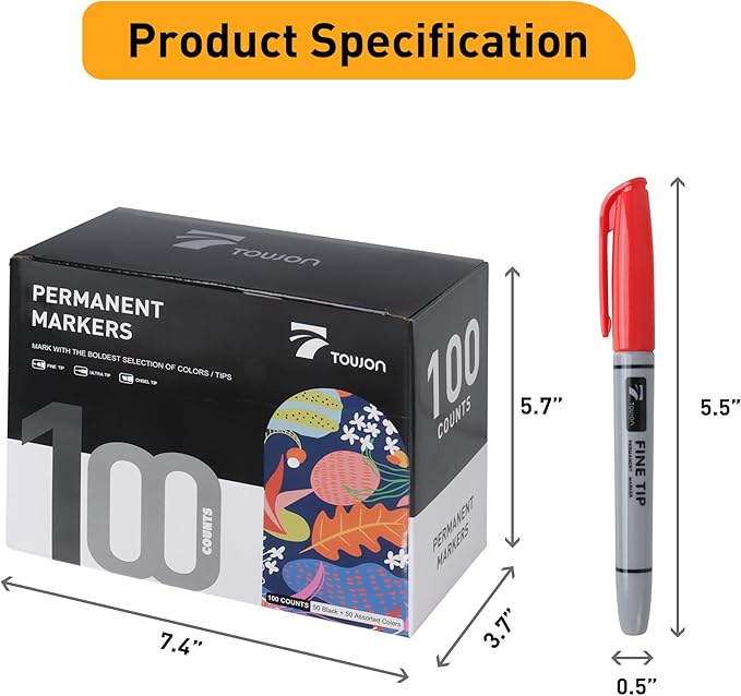 TOWON 100 Pack Permanent Markers Bulk - 50 Assorted Colors + 50 Black Waterproof Quick Drying Colored Pens Set for Classroom Home Office School Supplies, Adults Coloring Marking
