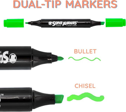 Super Markers 20 Unique Neon Colors Dual Tip Fabric & T-Shirt Marker Set - Double-Ended Fabric Markers with Chisel Point and Fine Point Tips - Ultra-Bright, Vibrant Bold Permanent Ink Colors, Clothing