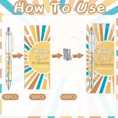 50 Sets Baby Shower Favors Gifts for Guests Includes 50 Rolling Paper Ballpoint Pens and 50 Greeting Thank You Bookmarks Baby Shower Party Favors (Here Comes The Sun)